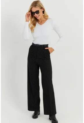Kadın Siyah Yüksek Bel Çizgili Pantolon ELA108