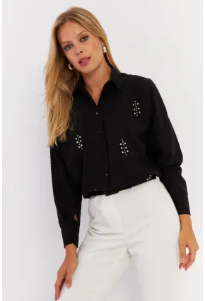 Kadın Siyah Zımbalı Gömlek MASF1