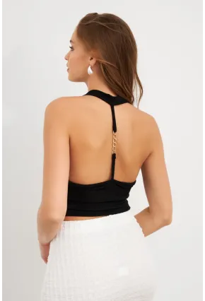 Kadın Siyah Zincir Aksesuarlı Degaje Yaka Bluz MTK13443