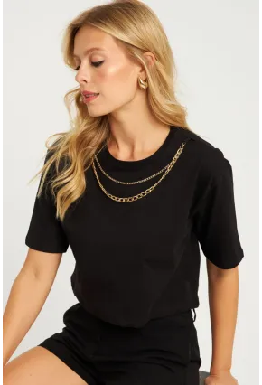 Kadın Siyah Zincir Aksesuarlı Kısa T-Shirt HT109