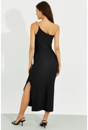 Kadın Siyah Zincir Detaylı Tek Omuz Midi Elbise RMZ21065