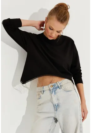 Kadın Siyah Zincirli Asimetrik Sweatshirt EY2664