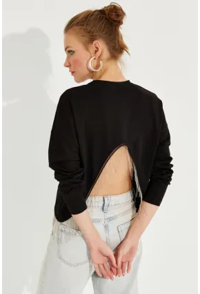 Kadın Siyah Zincirli Asimetrik Sweatshirt EY2664