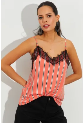 Kadın Somon Dantelli Çizgili Atlet LPP1223