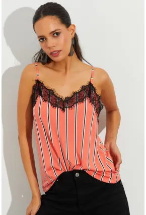 Kadın Somon Dantelli Çizgili Atlet LPP1223