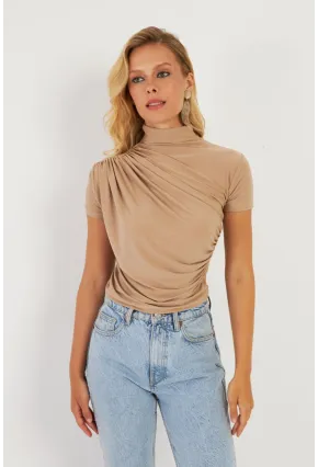 Kadın Sütlü Kahve Büzgülü Bluz LPP1287