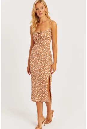 Kadın Sütlü Kahve İnce Askılı Midi Elbise MON125