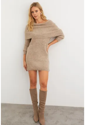 Kadın Sütlü Kahve Madonna Yaka Triko Tunik Elbise KAZ36