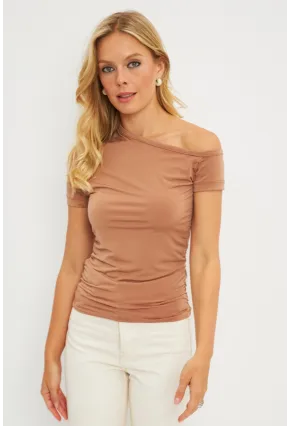 Kadın Taba Asimetrik Yaka Büzgüllü Bluz DMR332