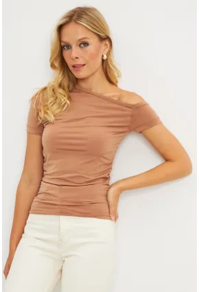 Kadın Taba Asimetrik Yaka Büzgüllü Bluz DMR332
