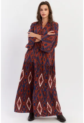 Kadın Taba Desenli Volanlı Maxi Dokuma Elbise ALO339