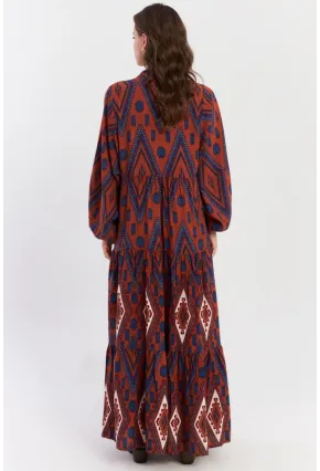 Kadın Taba Desenli Volanlı Maxi Dokuma Elbise ALO339