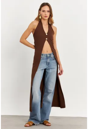 Kadın Taba Düğme Detaylı Uzun Yelek EY3048