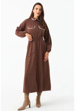 Kadın Taba Kemerli Maxi Gömlek Elbise MASF17