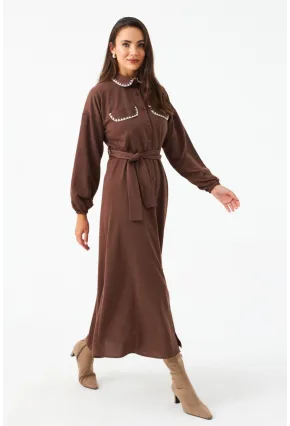 Kadın Taba Kemerli Maxi Gömlek Elbise MASF17