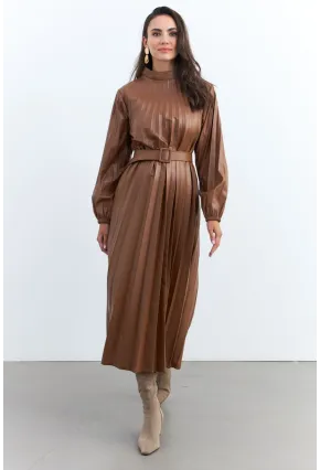 Kadın Taba Pileli Kemerli Maxi Elbise MALZ99