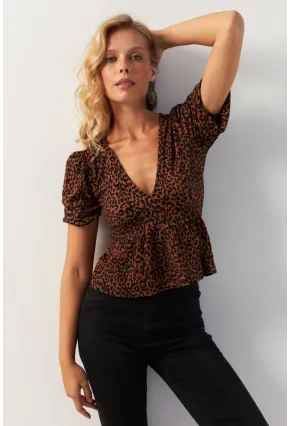 Kadın Taba V Yaka Desenli Bluz KAZ21