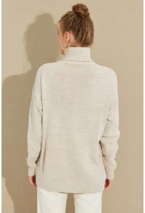 Kadın Taş Balıkçı Yaka İncili Triko Kazak MSS129