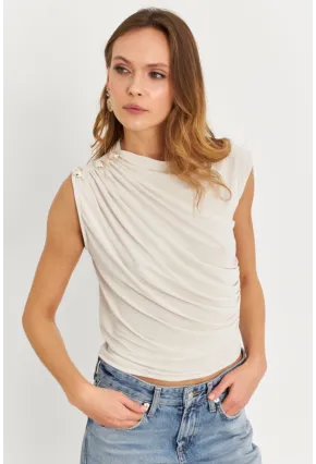 Kadın Taş Düğme Detaylı Büzgülü Bluz LPP1205-1