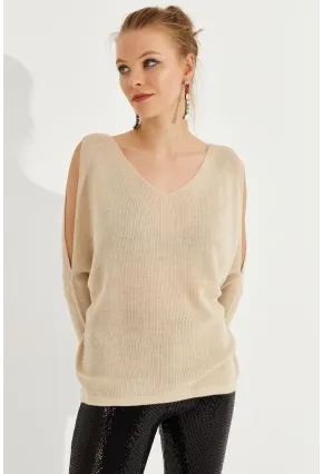 Kadın Taş Kolu Yırtmaçlı Triko Bluz SMT221