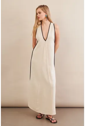 Kadın Taş Kontrast Çizgili Maxi Keten Elbise MSİ101