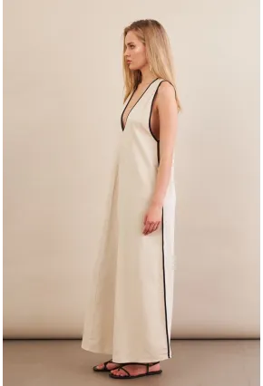 Kadın Taş Kontrast Çizgili Maxi Keten Elbise MSİ101