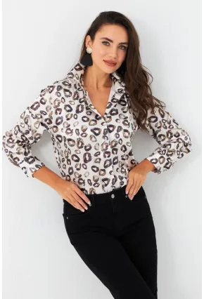 Kadın Taş Leopar Desenli Saten Gömlek SHR9