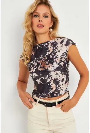 Kadın Taş-Siyah Drapeli Desenli Bluz GÇ182