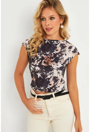 Kadın Taş-Siyah Drapeli Desenli Bluz GÇ182