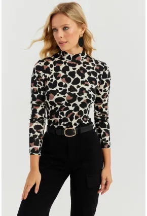 Kadın Taş-Siyah Leopar Desenli Bluz AYD267