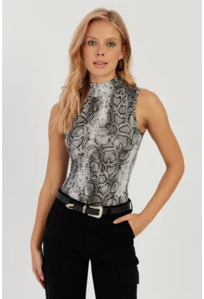 Kadın Taş-Siyah Yılan Desenli Kolsuz Bluz LPP1259