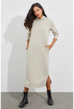 Kadın Taş Yırtmaçlı Kapüşonlu Maxi Elbise EY1111