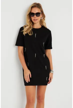 Kadın Taşlı Mini Elbise Siyah ST831