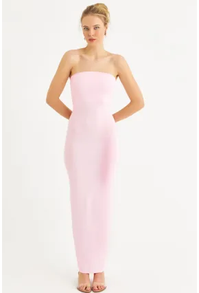 Kadın Toz Pembe Straplez Yırtmaçlı Midi Elbise XC005