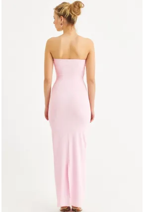 Kadın Toz Pembe Straplez Yırtmaçlı Midi Elbise XC005