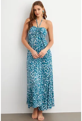 Kadın Turkuaz Büzgülü Desenli Midi Elbise KAB304