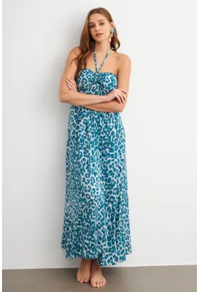 Kadın Turkuaz Büzgülü Desenli Midi Elbise KAB304