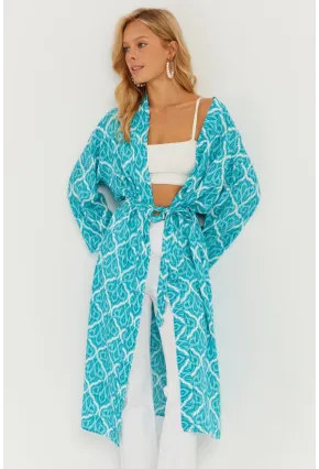 Kadın Turkuaz Desenli Kimono GÇ155