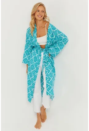 Kadın Turkuaz Desenli Kimono GÇ155