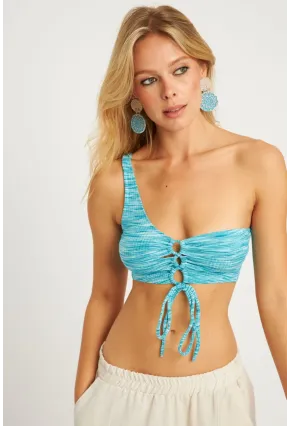 Kadın Turkuaz Önü Büzgülü Crop Bluz YLE606