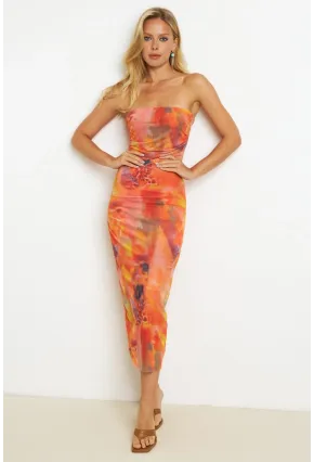 Kadın Turuncu Büzgülü Astarlı Tül Midi Elbise YEL89