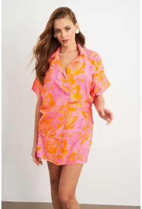 Kadın Turuncu Desenli Gömlek Şort Takım Q1007