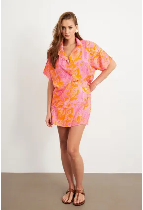 Kadın Turuncu Desenli Gömlek Şort Takım Q1007