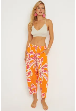 Kadın Turuncu Desenli Keten Şalvar Pantolon K1253