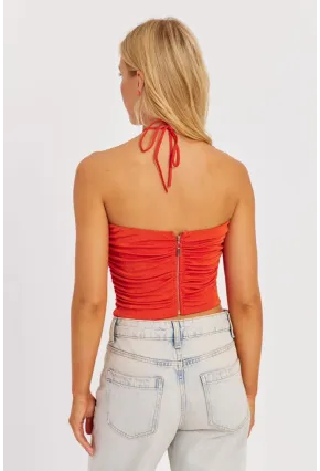 Kadın Turuncu Drapeli Crop Bluz KED154