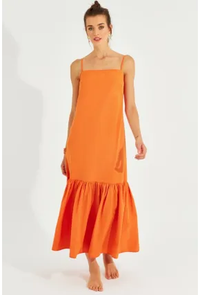 Kadın Turuncu Eteği Volanlı Askılı Midi Elbise MEN2001