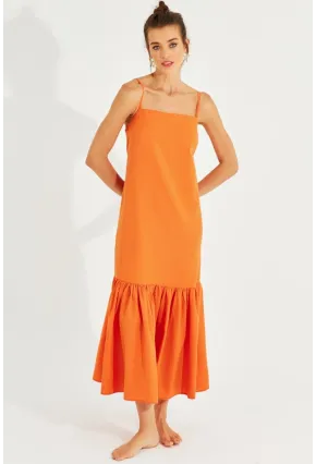 Kadın Turuncu Eteği Volanlı Askılı Midi Elbise MEN2001