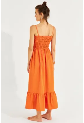 Kadın Turuncu Gipeli Askılı Midi Elbise MEN2000