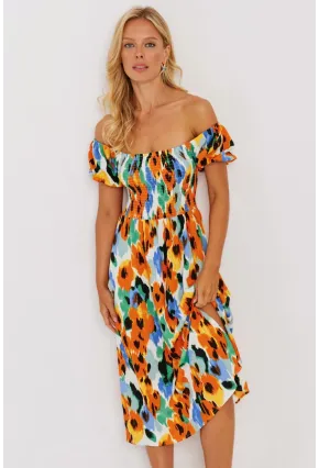 Kadın Turuncu Gipeli Desenli Midi Elbise MON126