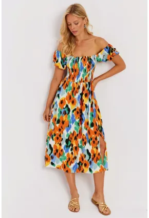 Kadın Turuncu Gipeli Desenli Midi Elbise MON126
